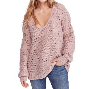 FREE PEOPLE Mauve Crashing Waves V-Neck Knit Pullover Sweater - Small